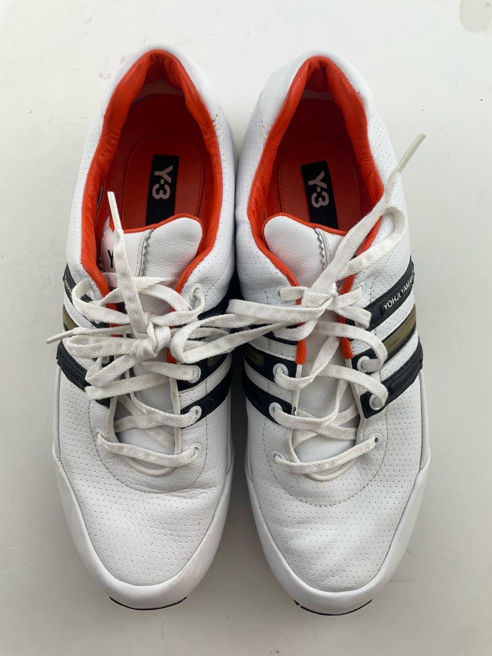 Y-3 White Leather Sneakers with Black Stripes and Orange Lining